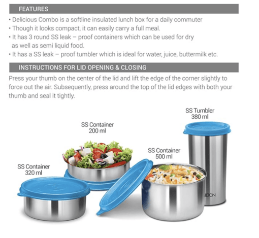 Milton Delicious Combo Stainless Steel Insulated Tiffin, Set of 3 Containers (200 ml, 320 ml, 500 ml) and 1 Tumbler, 380 ml, Grey | Airtight | Dishwasher-Safe | Easy to carry | Leak proof | Insulated | Food Grade | Odour Proof - Image 3